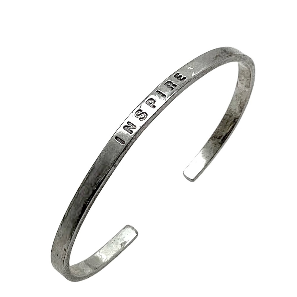 1980s Motivational Skinny Cuff Bracelet S/M 925 Sterling Silver INSPIRE inscript